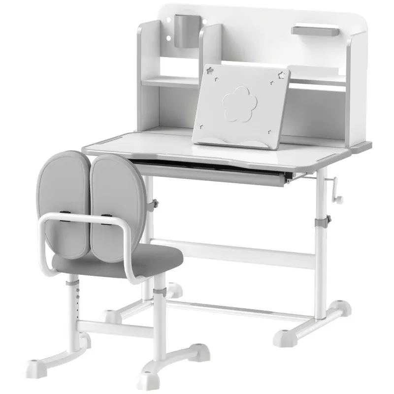 Qaba Juego de escritorio y silla para niños de altura ajustable para escribir y dibujar con escritorio inclinable, cajón de almacenamiento y estante de lectura