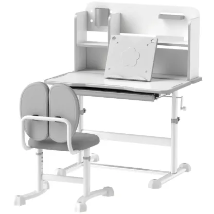 Qaba Juego de escritorio y silla para niños de altura ajustable para escribir y dibujar con escritorio inclinable, cajón de almacenamiento y estante de lectura