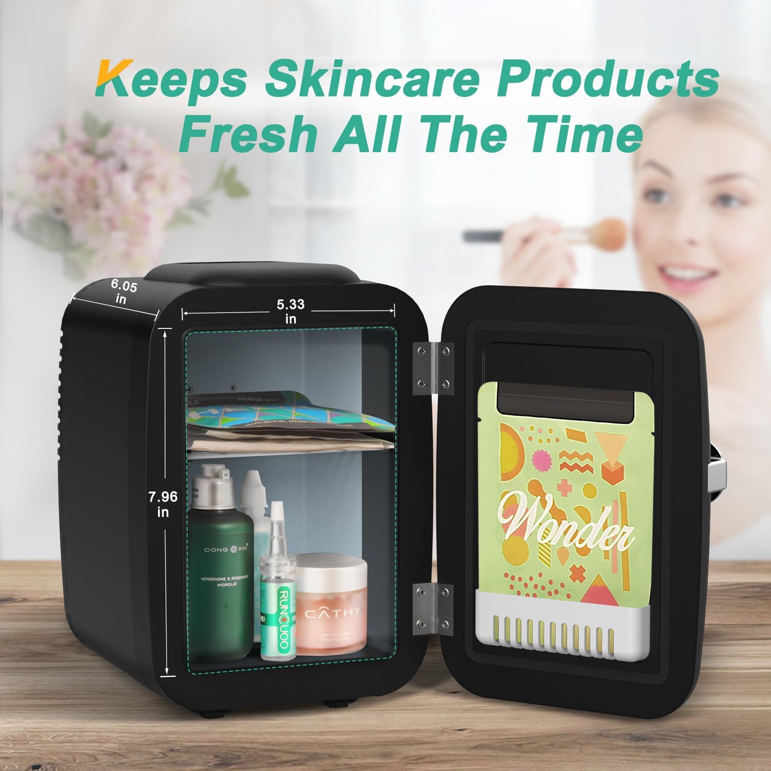 CROWNFUL Mini nevera, 4 litros/6 latas, cosméticos, alimentos, medicamentos,dormitorio,oficina, coche,refrigerador portátil y calentador personal para el cuidado de la piel(Negro mate)