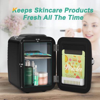 CROWNFUL Mini nevera, 4 litros/6 latas, cosméticos, alimentos, medicamentos,dormitorio,oficina, coche,refrigerador portátil y calentador personal para el cuidado de la piel(Negro mate)