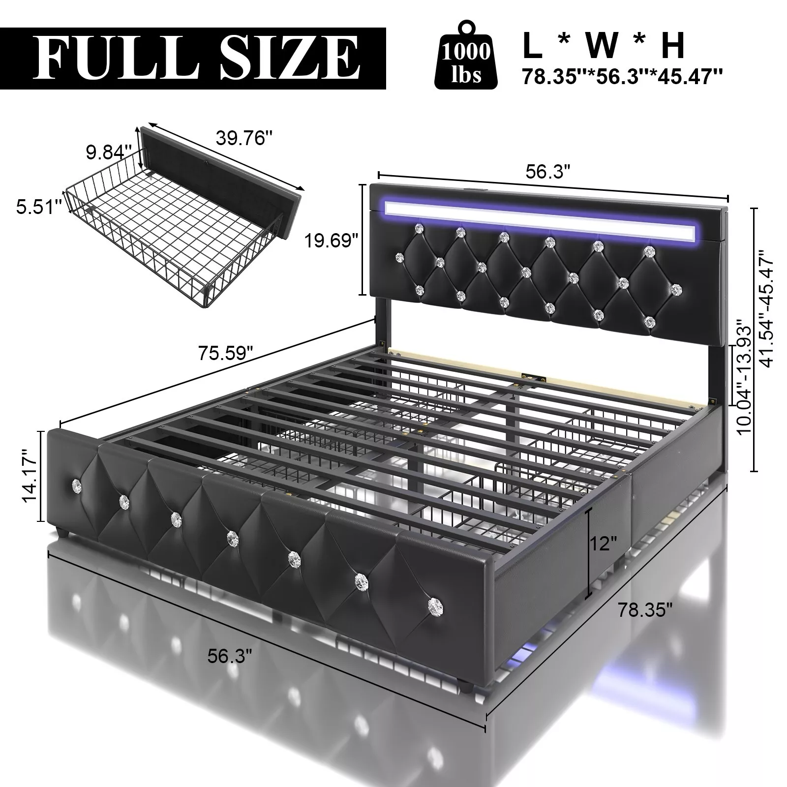 Marco de cama con plataforma tapizada en cuero de tamaño completo con luces LED y 4 cajones