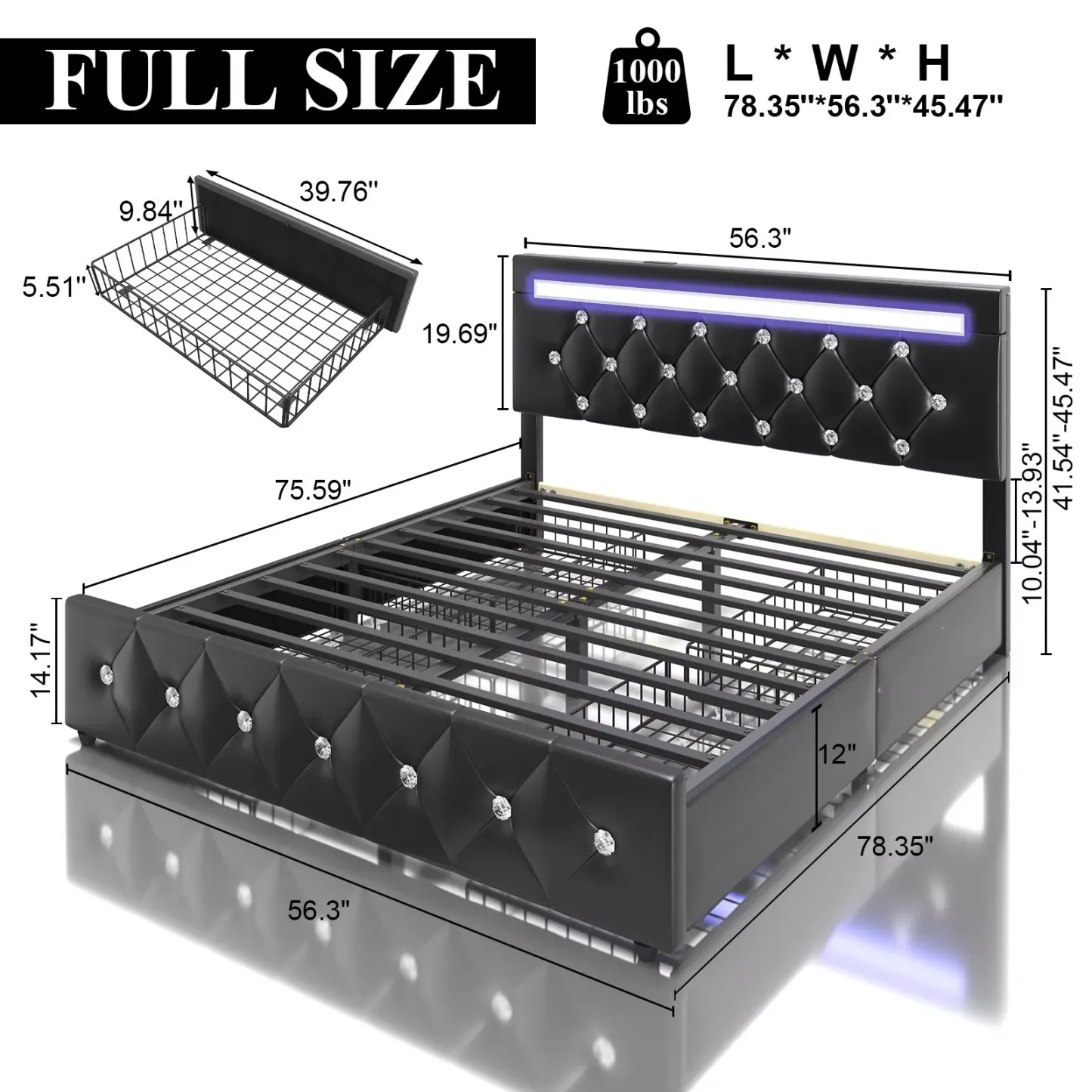 Marco de cama con plataforma tapizada en cuero de tamaño completo con luces LED y 4 cajones
