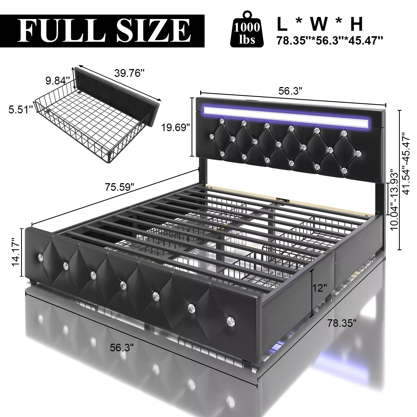 Marco de cama con plataforma tapizada en cuero de tamaño completo con luces LED y 4 cajones