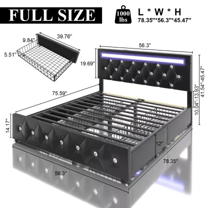 Marco de cama con plataforma tapizada en cuero de tamaño completo con luces LED y 4 cajones