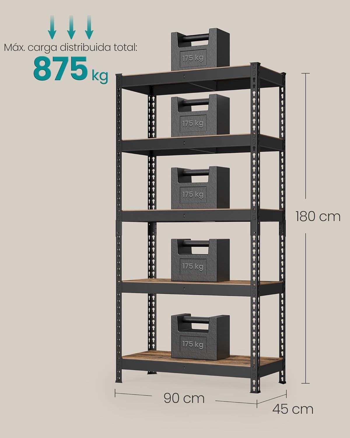 SONGMICS Estantería de Almacenamiento de 5 Niveles, Montaje sin Tornillos, Estantes Ajustables, 45 x 90 x 180 cm, Marrón Rústico y Negro MGLR450BZ02.