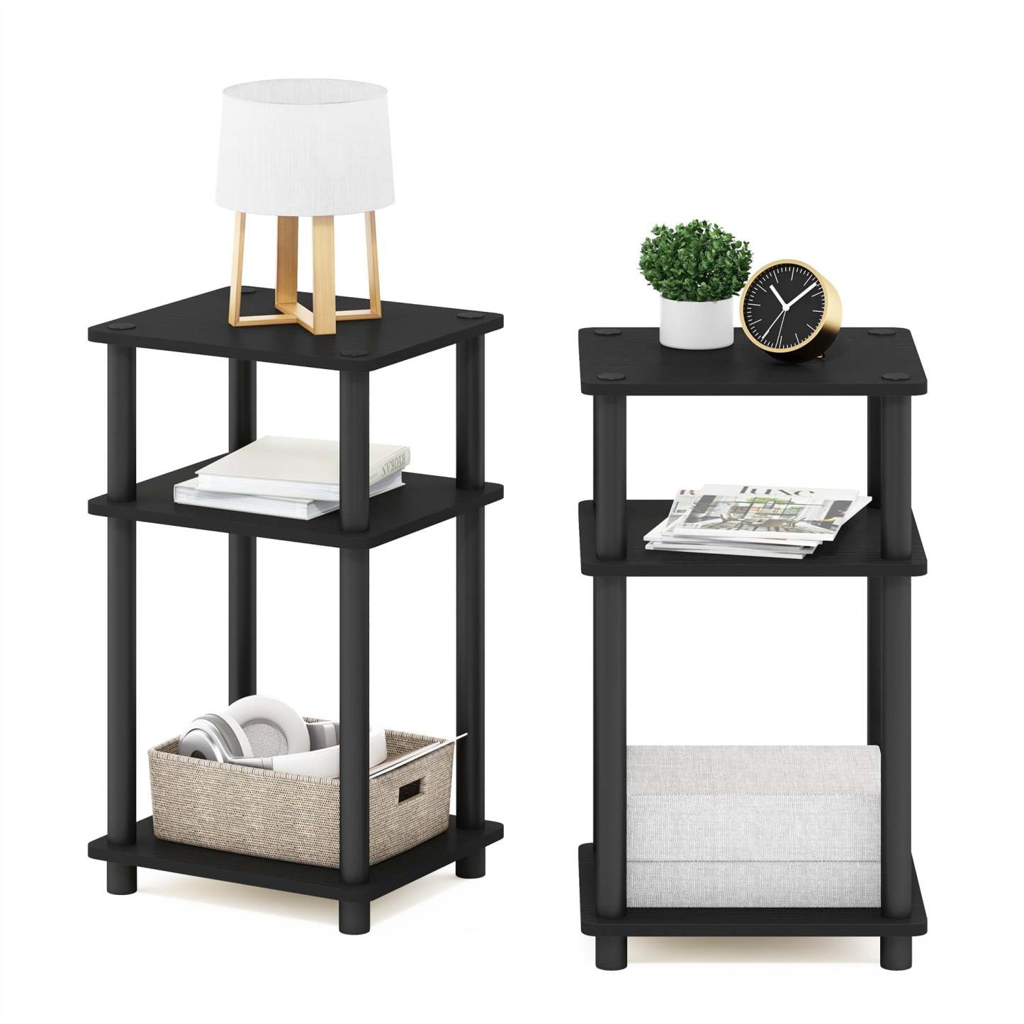 Mesa auxiliar Furinno Just de 3 niveles Turn-N-Tube, paquete de 2 unidades, americano/negra
