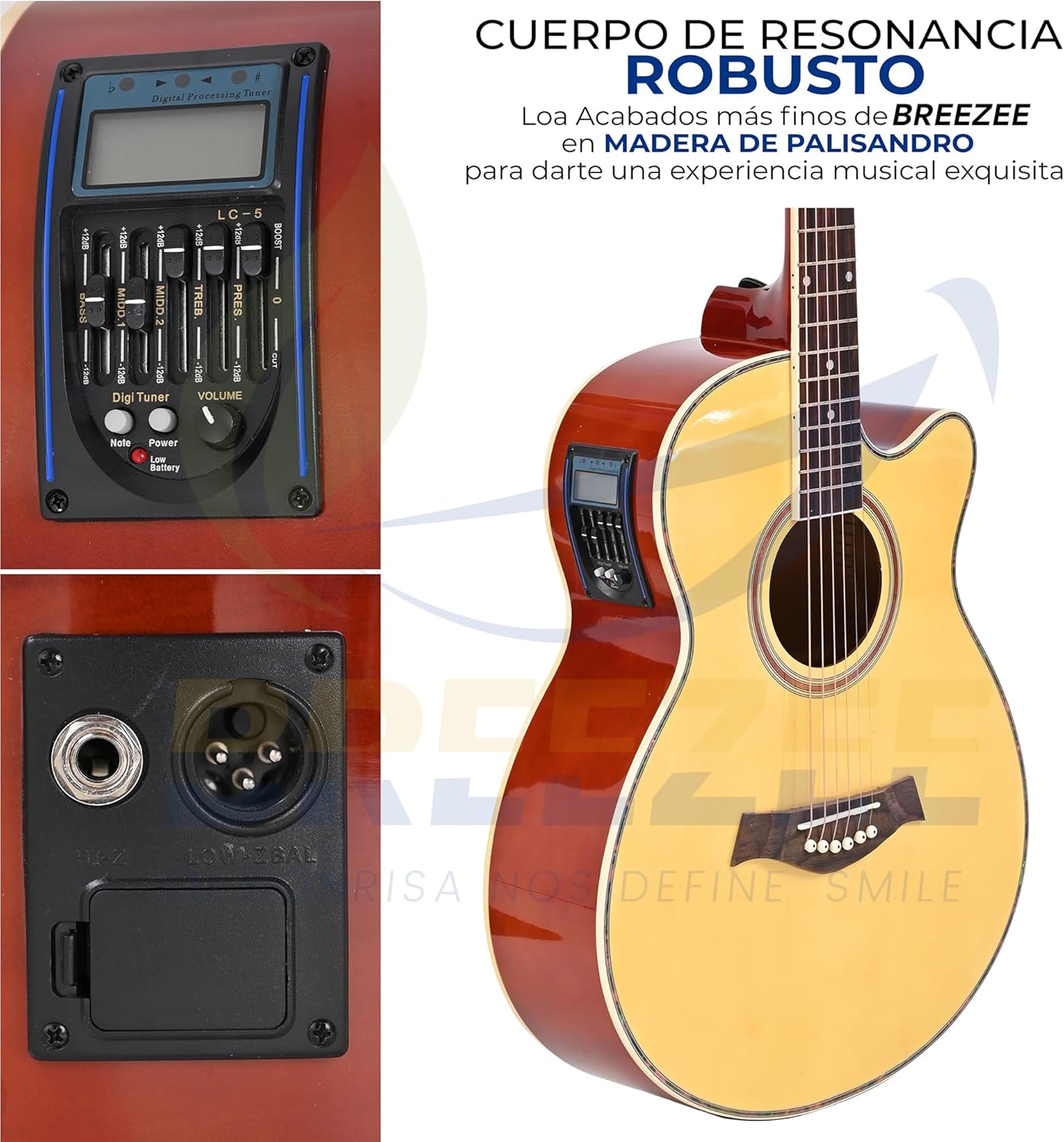 BREEZEE Guitarra Electroacústica de 40” Diseñada sobre Abeto, Merbau, Okume y Palisandro. Acabado de Barniz en Pulverización, Incluye Set de Accesorios Completo para Principiante