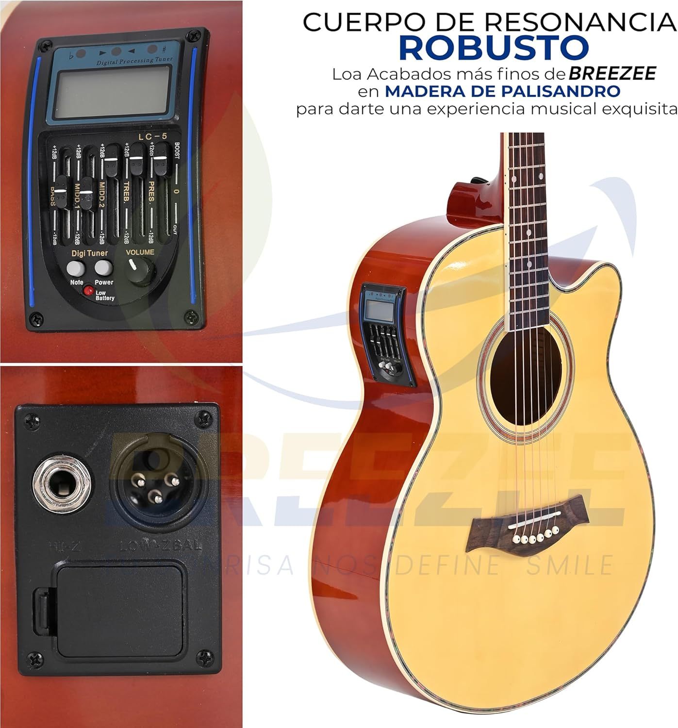 BREEZEE Guitarra Electroacústica de 40” Diseñada sobre Abeto, Merbau, Okume y Palisandro. Acabado de Barniz en Pulverización, Incluye Set de Accesorios Completo para Principiante
