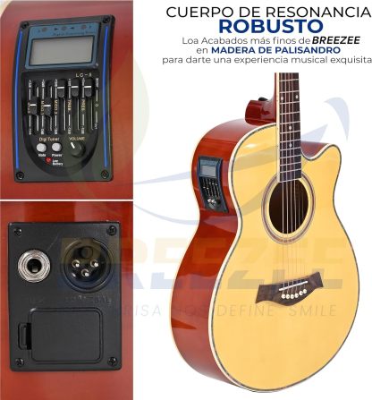 BREEZEE Guitarra Electroacústica de 40” Diseñada sobre Abeto, Merbau, Okume y Palisandro. Acabado de Barniz en Pulverización, Incluye Set de Accesorios Completo para Principiante
