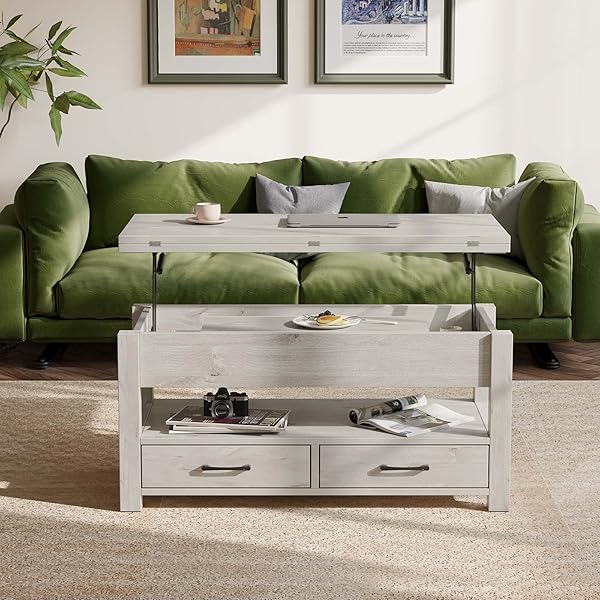 Mesa de centro con cubierta elevable, convertible, multifunción, con cajones y compartimiento oculto, se convierte en mesa de comedor, para sala de estar, oficina en casa, gris