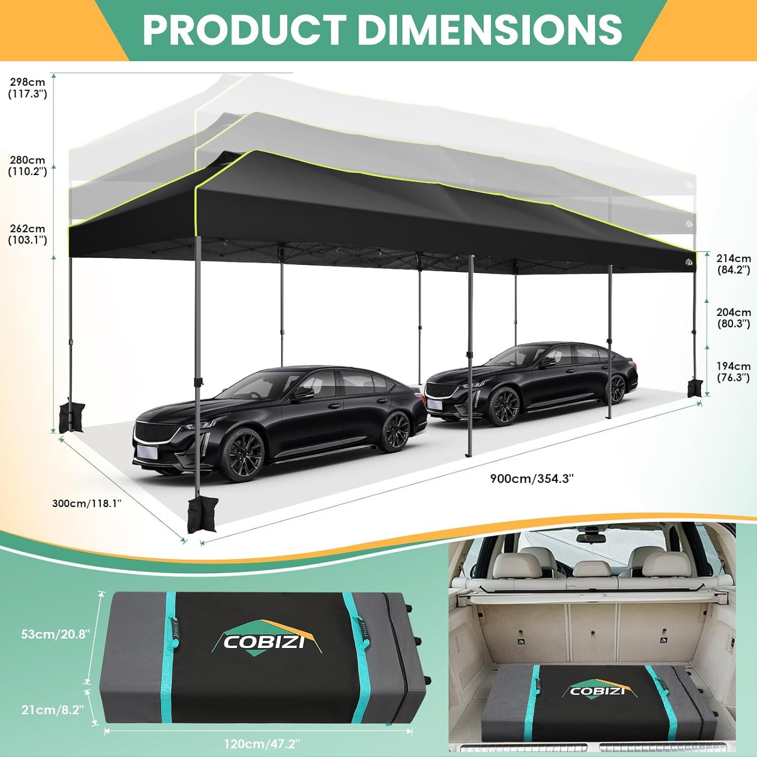 COBIZI - Tienda de campaña desplegable de 10 x 20 Pulgadas, Tienda de campaña instantánea Comercial para Bodas, Fiestas con 3 Altura Ajustable, toldo Ez Up para Exteriores, Impermeable, UPF50+ con