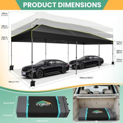COBIZI - Tienda de campaña desplegable de 10 x 20 Pulgadas, Tienda de campaña instantánea Comercial para Bodas, Fiestas con 3 Altura Ajustable, toldo Ez Up para Exteriores, Impermeable, UPF50+ con