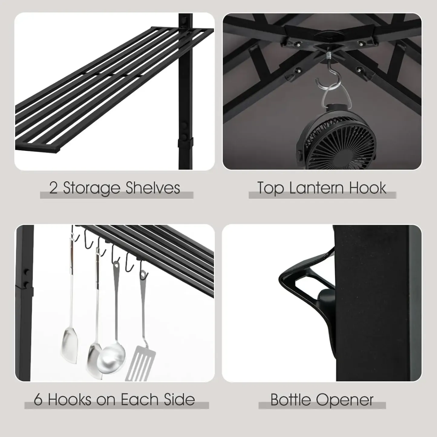[Regalo para el Día de la Madre] Cenador para Parrilla con Toldo Lateral — Cenador de 2 Niveles para Barbacoa con Estantes, Ganchos Colgantes y Abrebotellas — Toldo Exterior para Parrilla (Ideal para Patio Trasero, Jardín o Zona de Piscina)