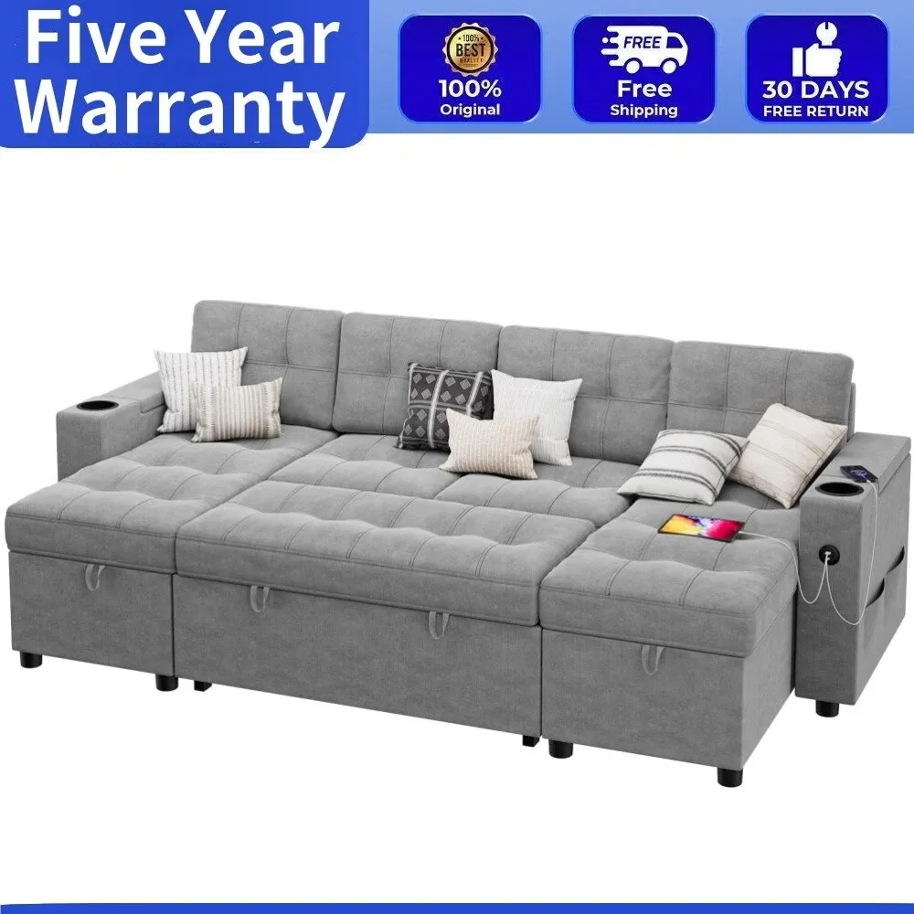 🔥Sofá seccional en forma de U con chaise doble Sofá cama extraíble 2 en 1 USB-A tipo C