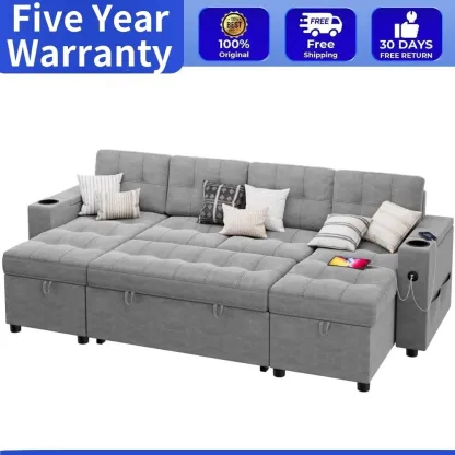 🔥Sofá seccional en forma de U con chaise doble Sofá cama extraíble 2 en 1 USB-A tipo C