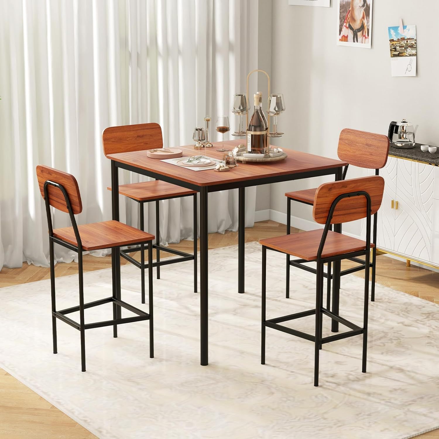 Juego de mesa de comedor de 5 piezas con mesa de altura y 4 taburetes de bar, juego de comedor industrial de cocina con reposapiés y respaldo, juego de comedor que ahorra espacio para pub,