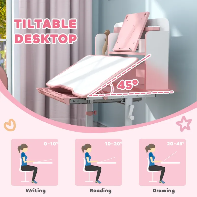 Qaba Juego de escritorio y silla para niños de altura ajustable para escribir y dibujar con escritorio inclinable, cajón de almacenamiento y estante de lectura