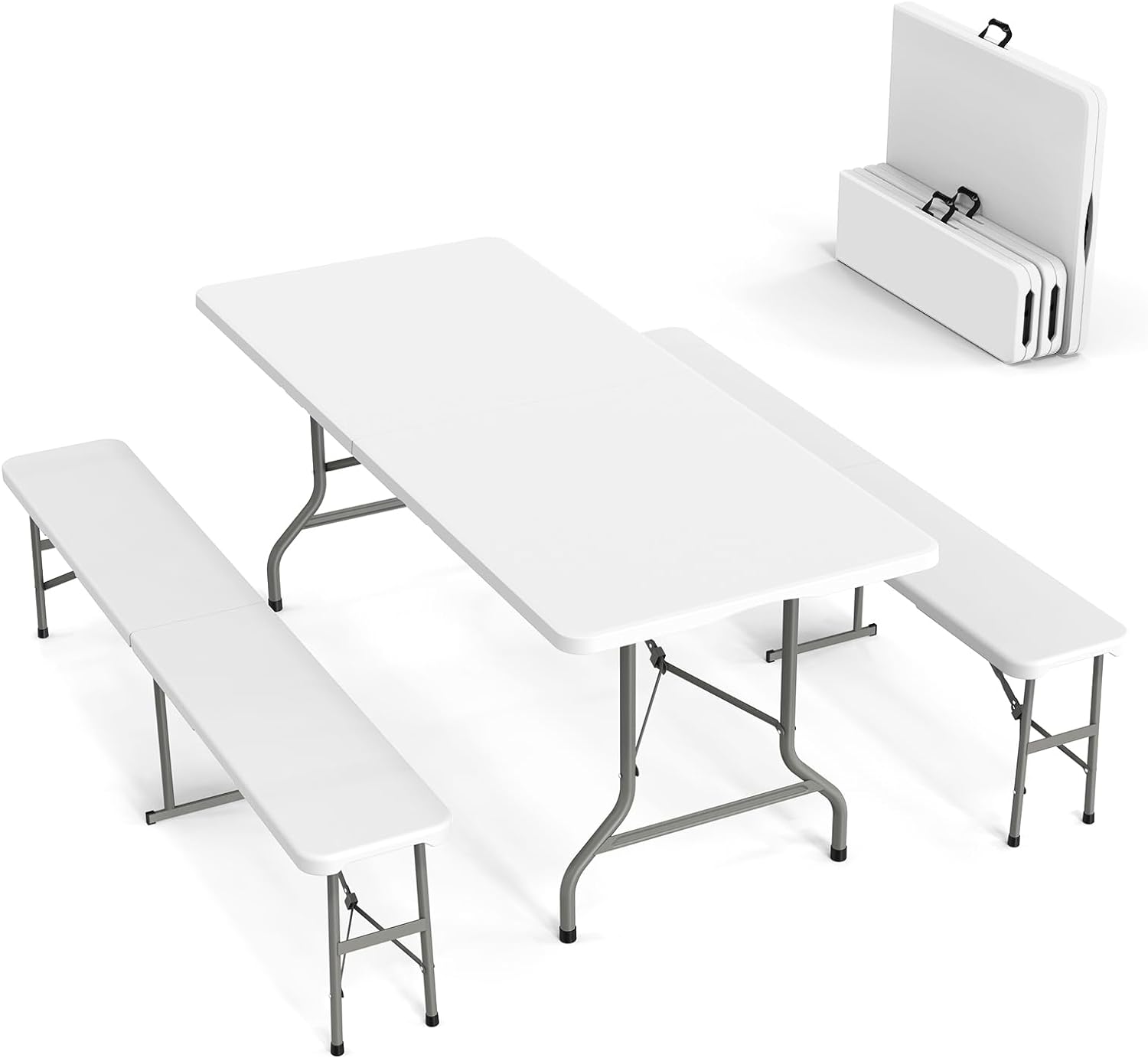 VINGLI Juego de mesa de picnic con 2 bancos, juego de sillas de mesa de camping de 6 pies, muebles plegables de 3 piezas para uso interior o exterior