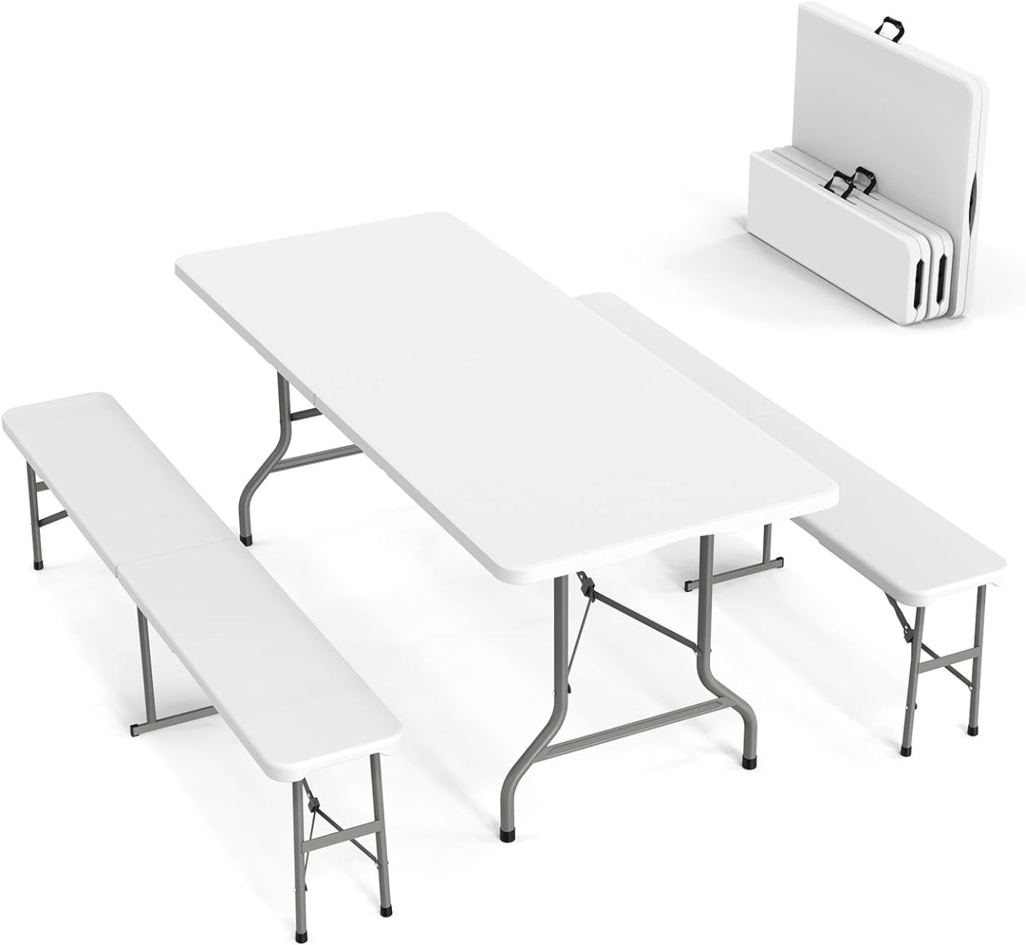 VINGLI Juego de mesa de picnic con 2 bancos, juego de sillas de mesa de camping de 6 pies, muebles plegables de 3 piezas para uso interior o exterior