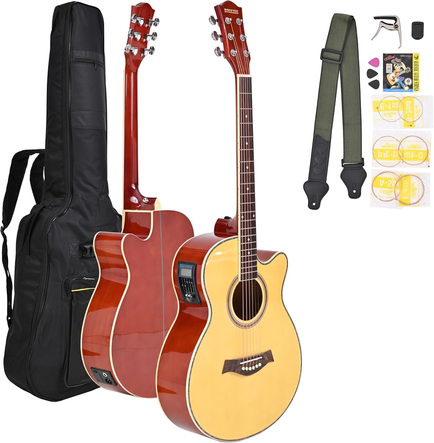 BREEZEE Guitarra Electroacústica de 40” Diseñada sobre Abeto, Merbau, Okume y Palisandro. Acabado de Barniz en Pulverización, Incluye Set de Accesorios Completo para Principiante