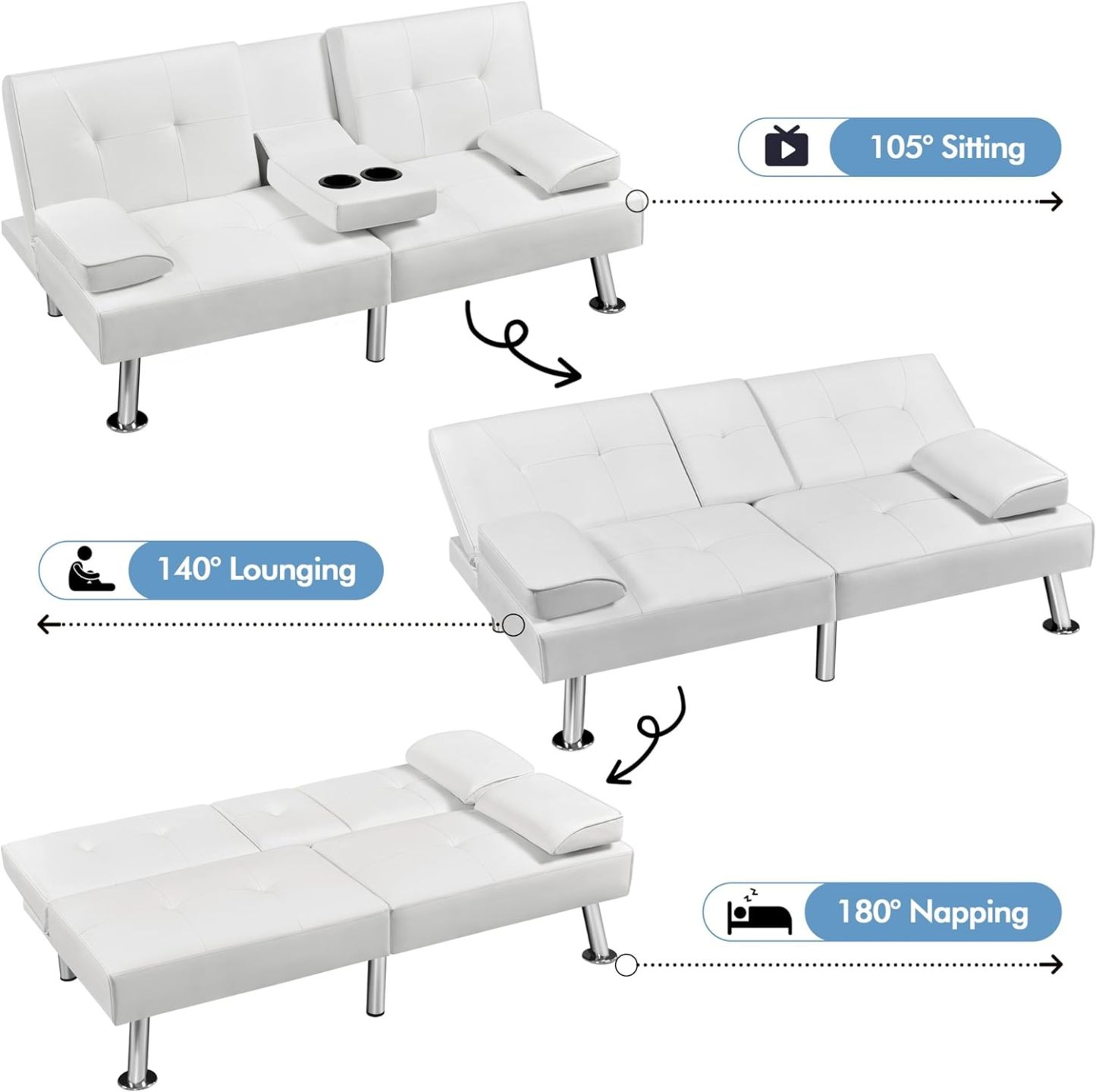 Yaheetech - Sofá cama convertible ajustable, moderno sillón reclinable, piel sintética, plegable, cama de invitados, reposabrazos extraíbles, portavasos 3 ángulos, capacidad de 317 kg, blanco