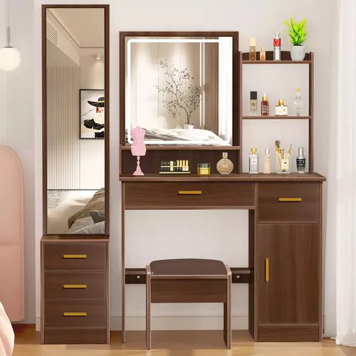 Tocador De Dormitorio Con Luces Led Y Dos Espejos Con Banco
