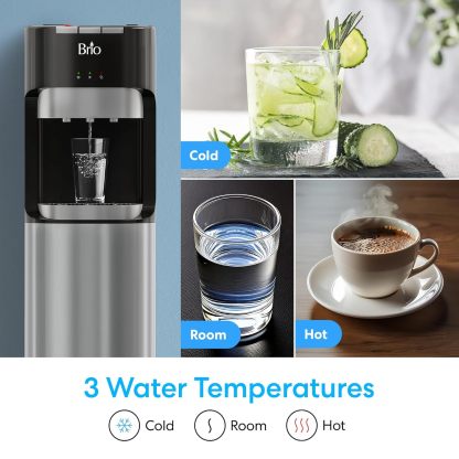 Brio Dispensador de enfriador de agua de carga inferior para botellas de 5 galones, 3 temperaturas con boquillas calientes, habitación y frías, bloqueo de seguridad infantil, visualización LED con alerta de botella vacía, acero inoxidable
