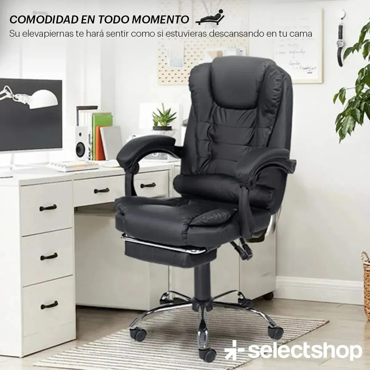 Silla Ejecutiva Con Masaje Secretarial Oficina Reposapiés Respaldo Reclinable Acojinada Giratoria Ergonómica Descansa Pies SelectShop Color Negro