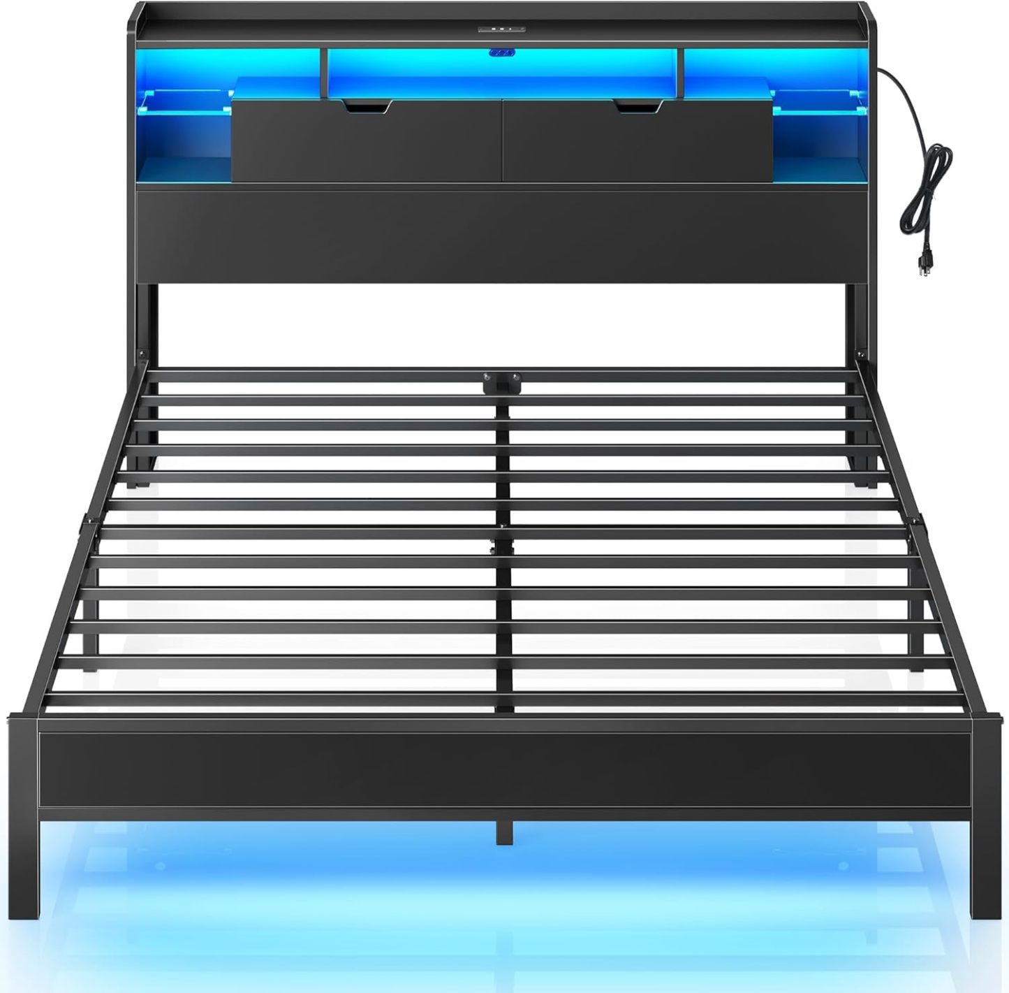 MAMALAND Base de Cama de tamaño matrimonial con estación de Carga, Marco de Cama LED con cabecera de Almacenamiento (Full)