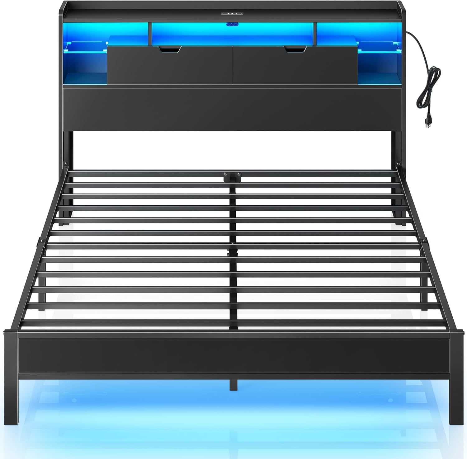 MAMALAND Base de Cama de tamaño matrimonial con estación de Carga, Marco de Cama LED con cabecera de Almacenamiento (Full)
