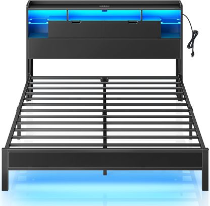 MAMALAND Base de Cama de tamaño matrimonial con estación de Carga, Marco de Cama LED con cabecera de Almacenamiento (Full)