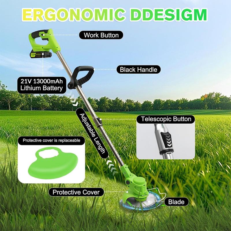 Desbrozadora inalámbrica con 2 baterías, recortadora de césped eléctrica, altura ajustable, cabezal giratorio de 90°, bordeadora de césped ligera, ideas de regalo perfectas