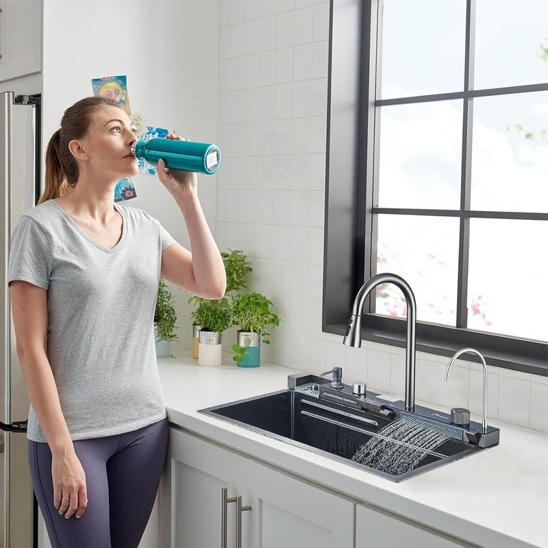 Fregadero de cocina multifuncional,tarjas para cocina acero inoxidable de 75x46 cm con pantalla digital,dispensador de jabón,tabla de cortar de doble cara fregadero de lujo con varios accesorios