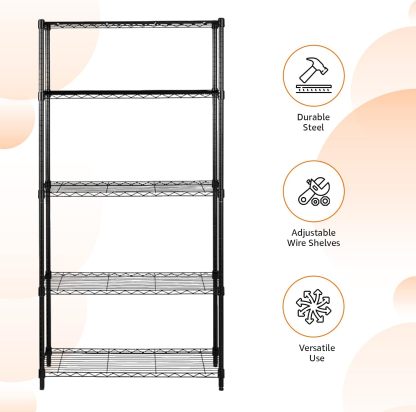 Basics - Estantería de almacenamiento ajustable de alambre de acero resistente de 5 estantes para cocina, garaje, 92 cm de largo x 36 cm de ancho x 183 cm de alto, negro