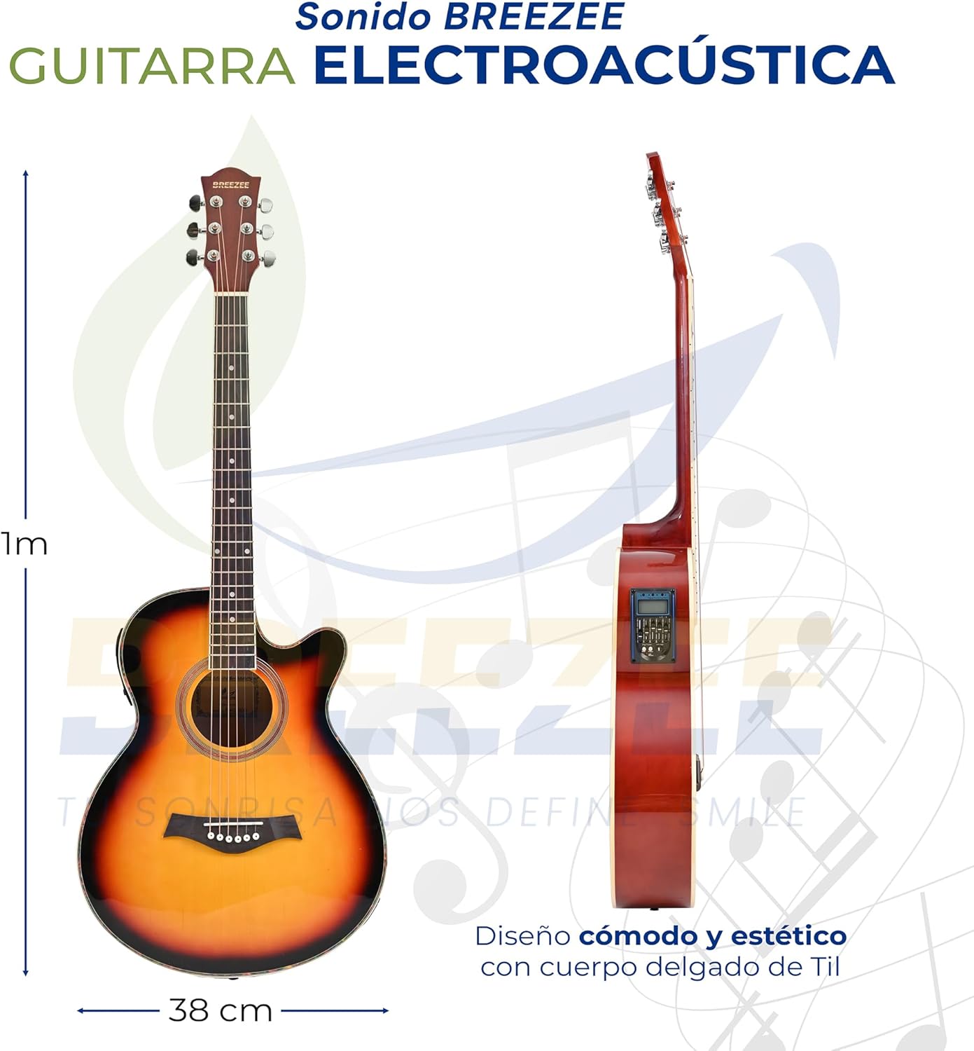 BREEZEE Guitarra Electroacústica de 40” Diseñada sobre Abeto, Merbau, Okume y Palisandro. Acabado de Barniz en Pulverización, Incluye Set de Accesorios Completo para Principiante