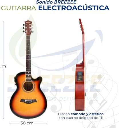 BREEZEE Guitarra Electroacústica de 40” Diseñada sobre Abeto, Merbau, Okume y Palisandro. Acabado de Barniz en Pulverización, Incluye Set de Accesorios Completo para Principiante
