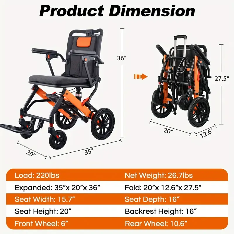 Silla de ruedas ligera para adultos con mango telescópico, silla de ruedas de transporte plegable, peso 26.7 libras, para personas mayores, soporta 220 libras, gris oscuro, fina silla de ruedas para regalo de Halloween o Navidad.