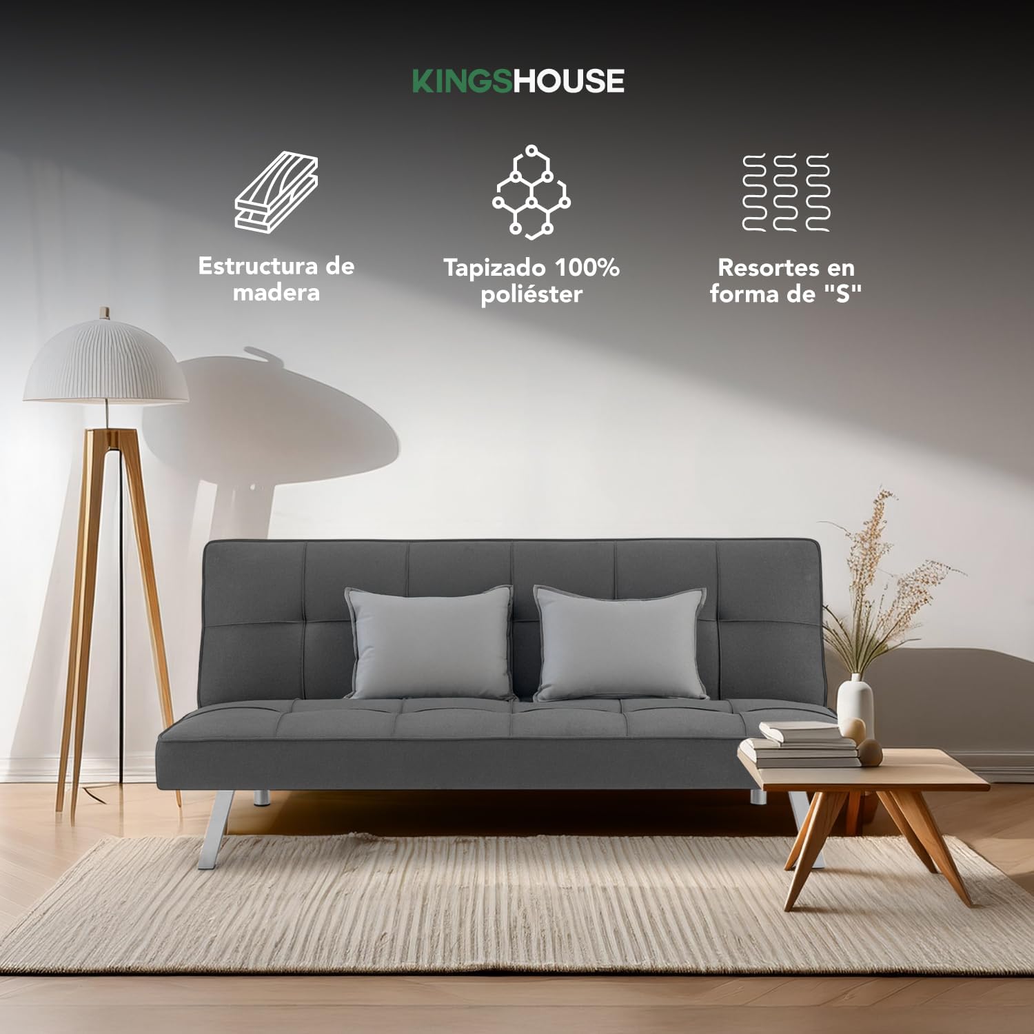 Kingshouse | Sillón Sofá Cama Plegable Vega - Sala Moderna Minimalista - Tapizado Poliéster - Acolchoado - Estructura De Madera - Gris - para 3 Personas - Departamento o Casa