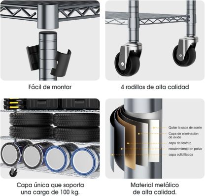 MXLENOBLE Estante de 5 repisas, Estantería de Almacenamiento Ajustable de estantes, Resistente en Ruedas de 4 Pulgadas, Estante Organizador de Metal, Cromado (IC085-B)