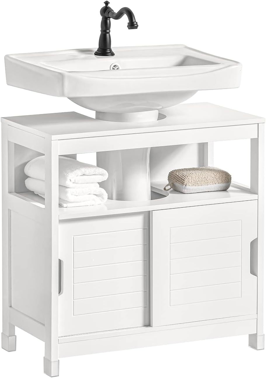 SoBuy Armario para Lavabo Mueble de Baño Debajo del Lavabo con 2 Puertas Armario de Suelo Lavabo para Baño con Mueble(Blanco FRG128-II-W)