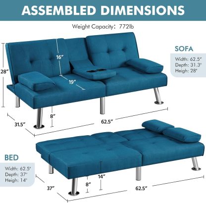 Yaheetech - Sofá cama convertible ajustable, moderno sillón reclinable, piel sintética, plegable, cama de invitados, reposabrazos extraíbles, portavasos 3 ángulos, capacidad de 317 kg, blanco