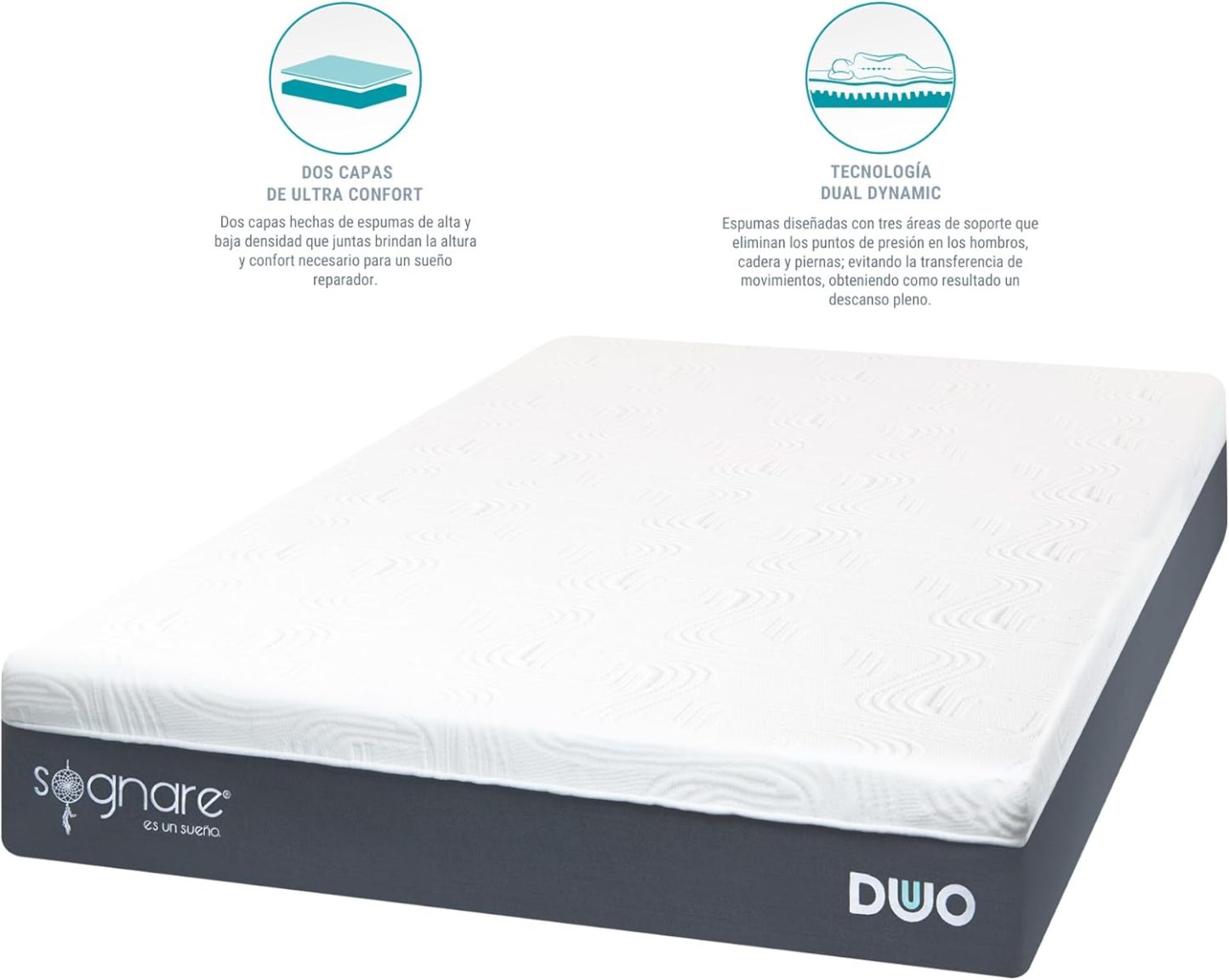 Sognare Duo 2.0 Colchón Tamaño Matrimonial Semi Firme Memory Foam, Funda Hipoalergénica Fácil de Limpiar. 100 Noches de Garantía.