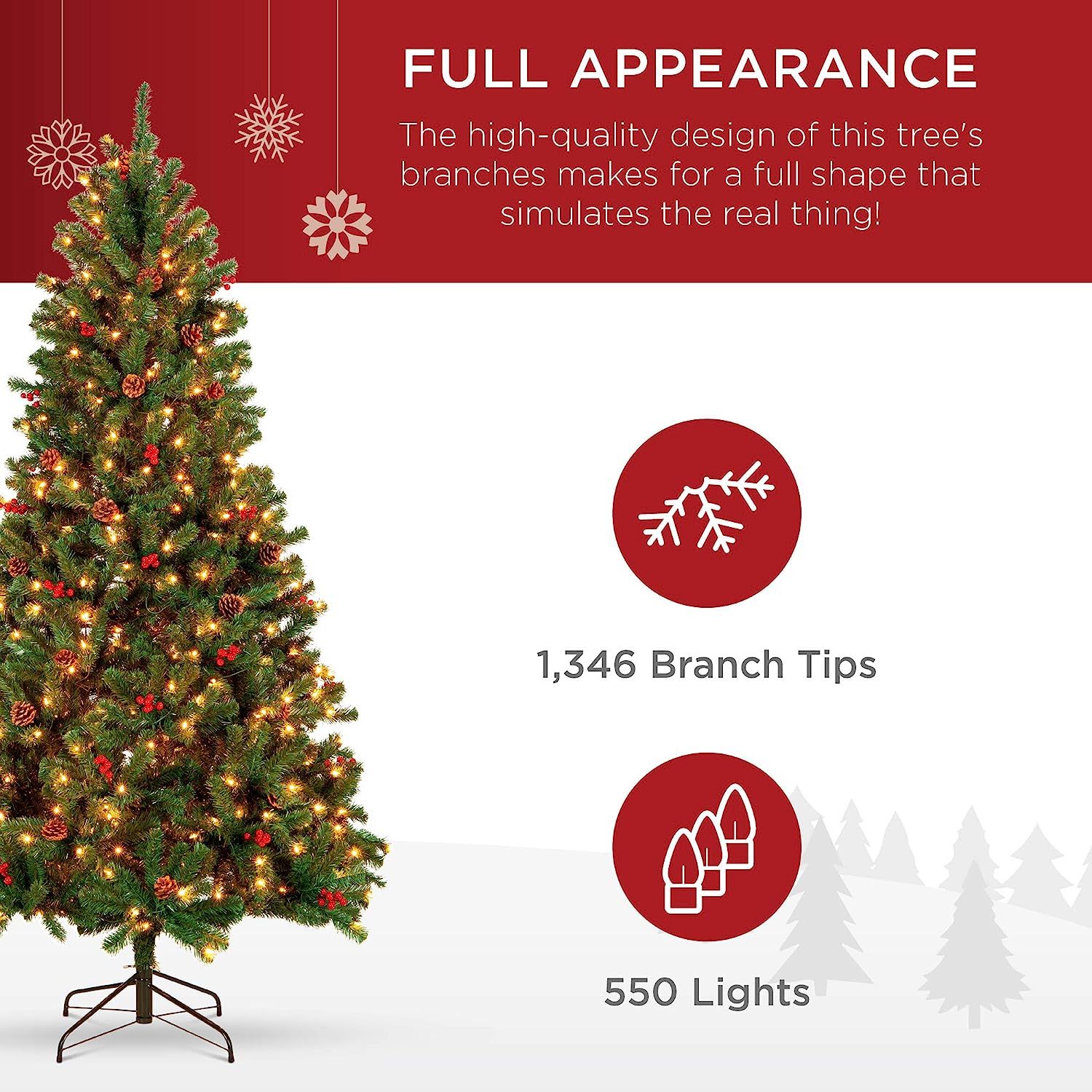 Best Choice Products - Árbol de Navidad artificial preiluminado de 7 pies predecorado con bisagras, con 1.346 puntas, piñas, bayas, 550 luces, base de metal