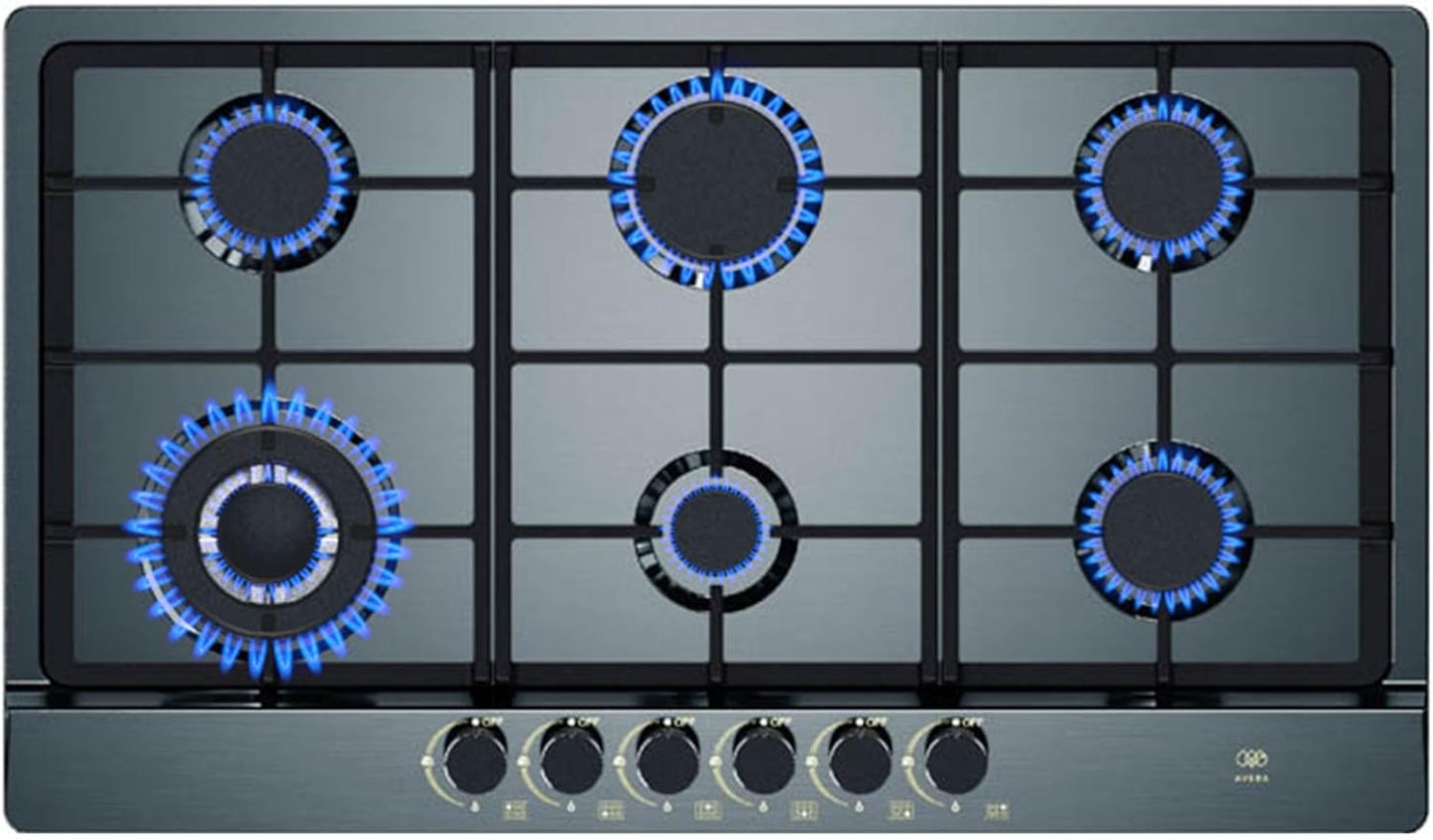 AVERA Parrilla de Gas 6 Quemadores 86cm, Acero Inoxidable Color Negro,