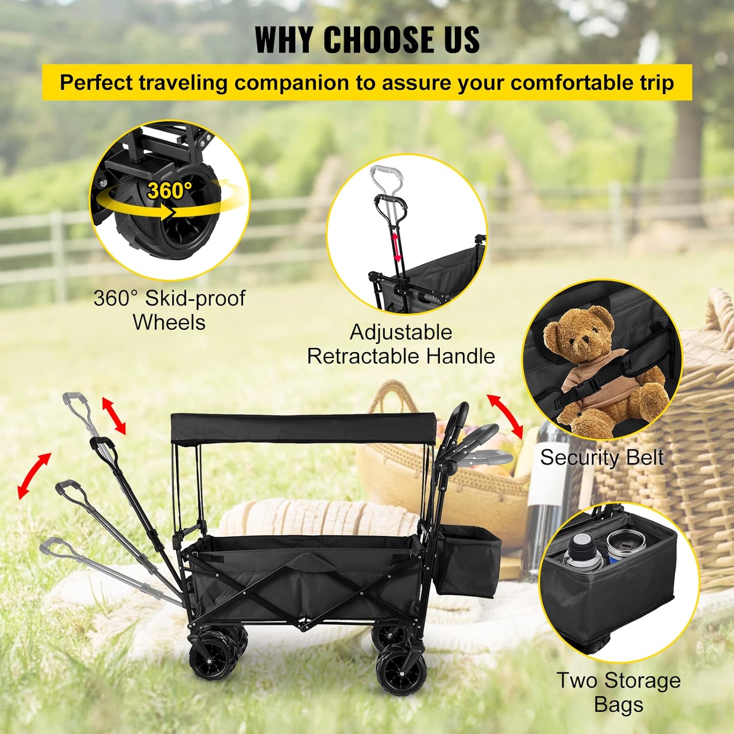 Happbuy - Carrito de jardín Plegable Extragrande con toldo extraíble