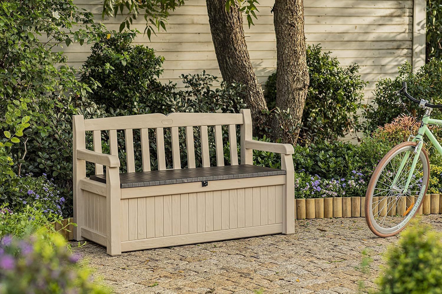 Keter Banco de jardín Eden, Caja de Almacenamiento de Jardin, Cerradura, Polipropileno, Blanco y Marrón