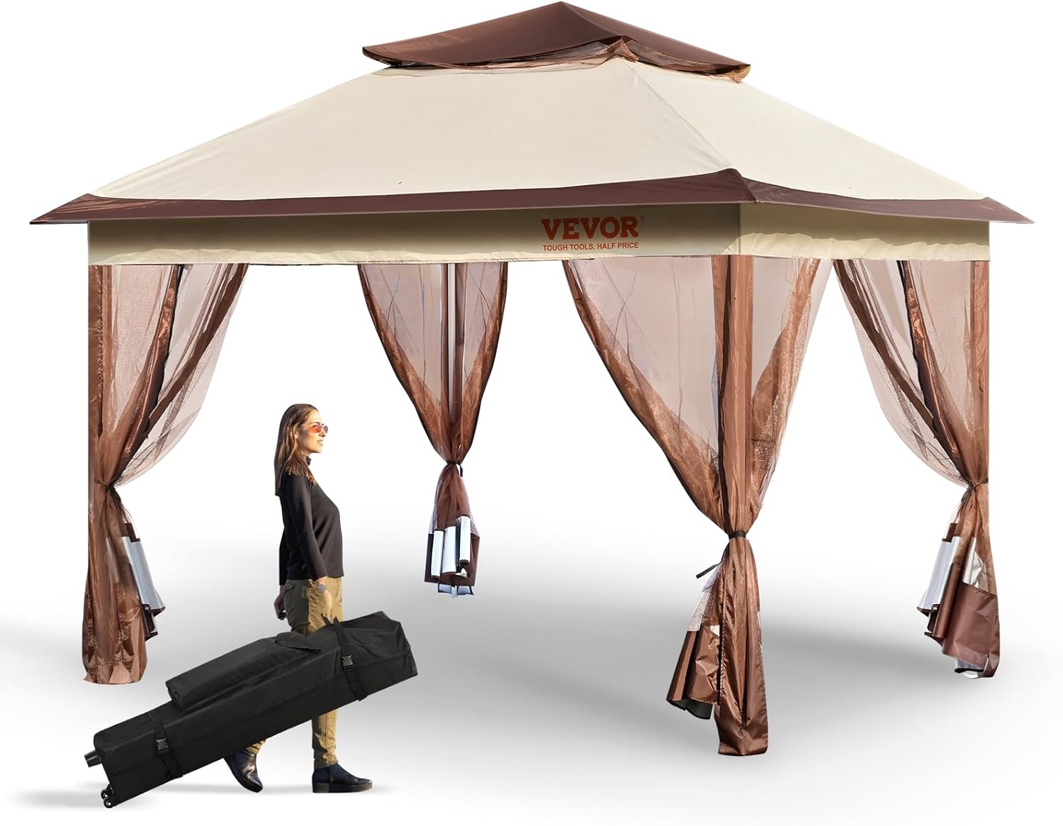 VEVOR - Gazebo desplegable para 8-10 Personas, con mosquitero, Marco de Metal y Tela Oxford 250D recubierta de Poliuretano, toldo Exterior para Patio, Patio, jardín, terraza, 11 x 11 pies, Color café