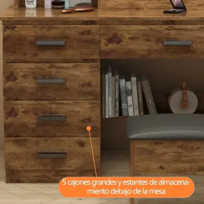 Tocador,Tocador de Maquillaje con Luces de Espejo, Vanity Tocador con 5 Cajones,Estantes de Almacenamiento,Taburete Acolchado, Tocador con 3 Estantes, Mesa de Maquillaje para Dormitorio Blanco