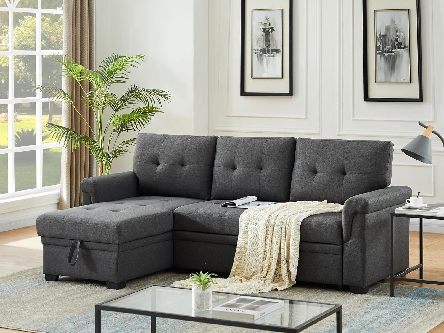 Lilola Home Lucca - Sofá seccional Reversible de Lino Gris Claro con diván de Almacenamiento