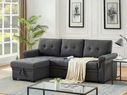 Lilola Home Lucca - Sofá seccional Reversible de Lino Gris Claro con diván de Almacenamiento